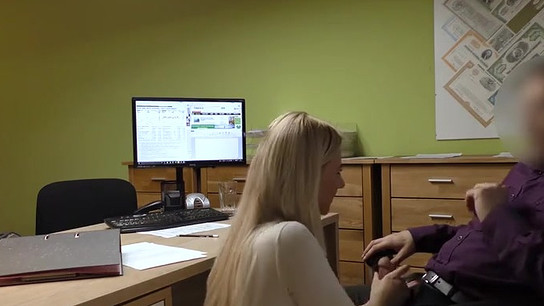 Lusty towheaded stunner is deepthroating spear and getting boinked in the loan office, to get some currency