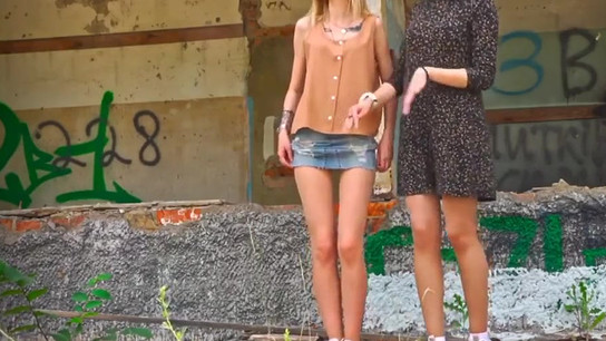 2 Russian tights models outdoors.